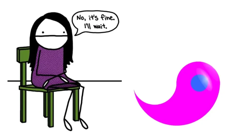 Cartoon picture of girl sitting on a chair saying, "No It's fine.  I'll wait" while the Yin symbol lays down next to her