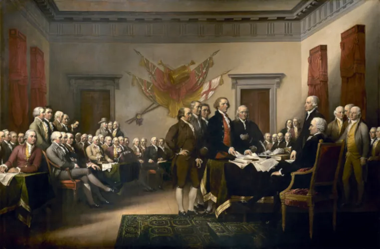 Painting of the founding fathers signing the Declaration of Independence by John Trumball