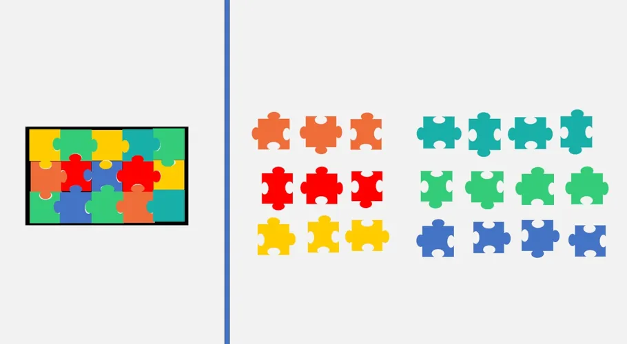 Puzzle pieces showing how men and women think differently.  On the left the puzzle pieces are assembled reflecting how women think.  On the right the puzzle pieces are sorted and organized into rows based on color reflecting how men think.