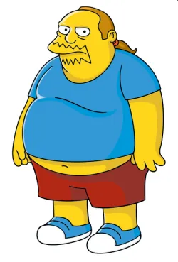 Cartoon of an ugly fat man with long hair in a ponytail wearing a blue t-shirt and red shorts revealing his bellybutton.