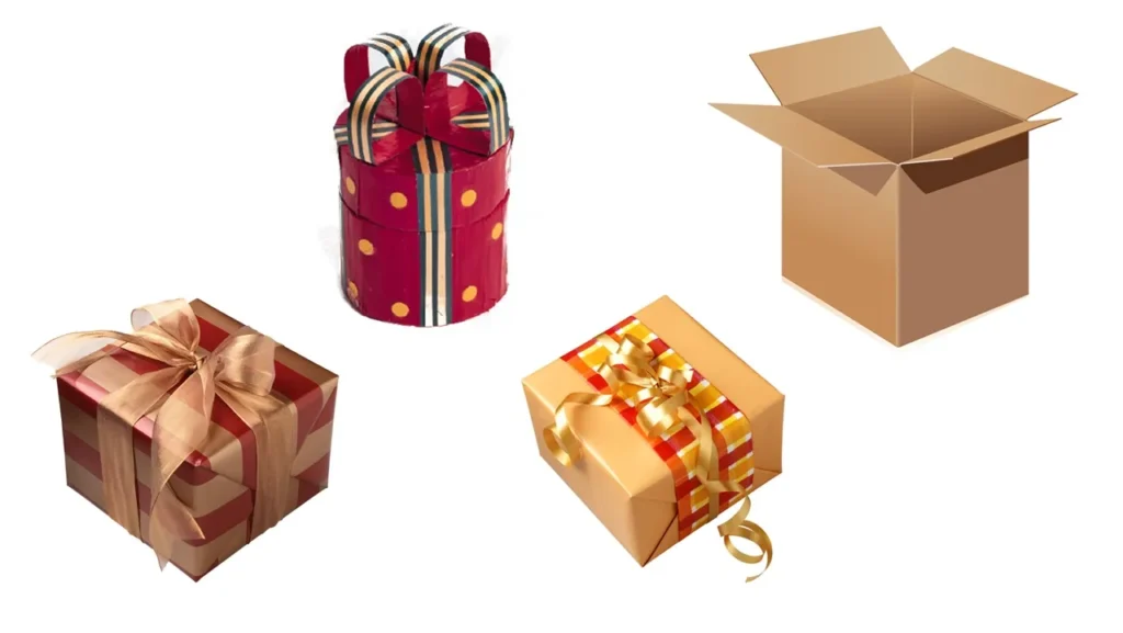 3 beautifully wrapped gift boxes with bows and 1 plain brown box