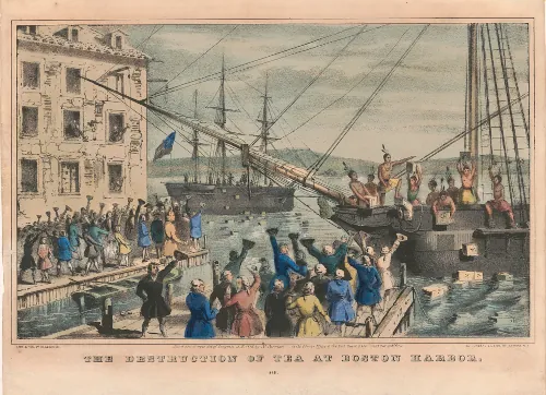 An old painting of the Boston Tea Party