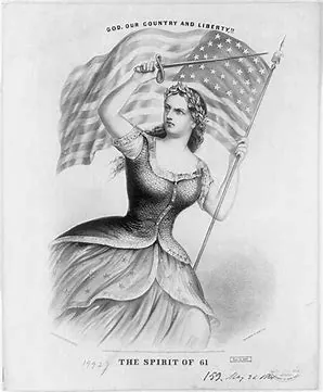 Black and white drawing depicting Columbia carrying an American Flag and a raised sword over the caption "Spirit of 61"