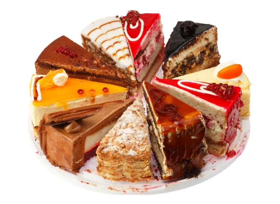 Slices of a variety of cakes that then make one whole cake