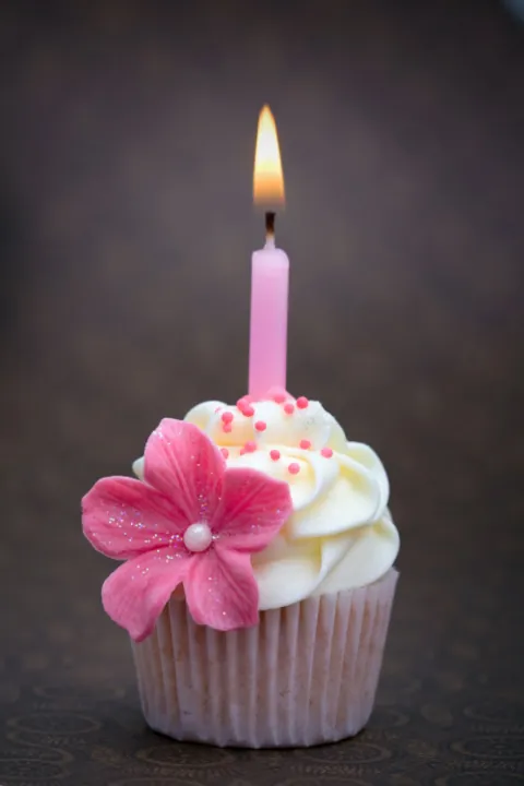 A cupcake decorated with white frosting and a candy pink flower with a lit candle on top