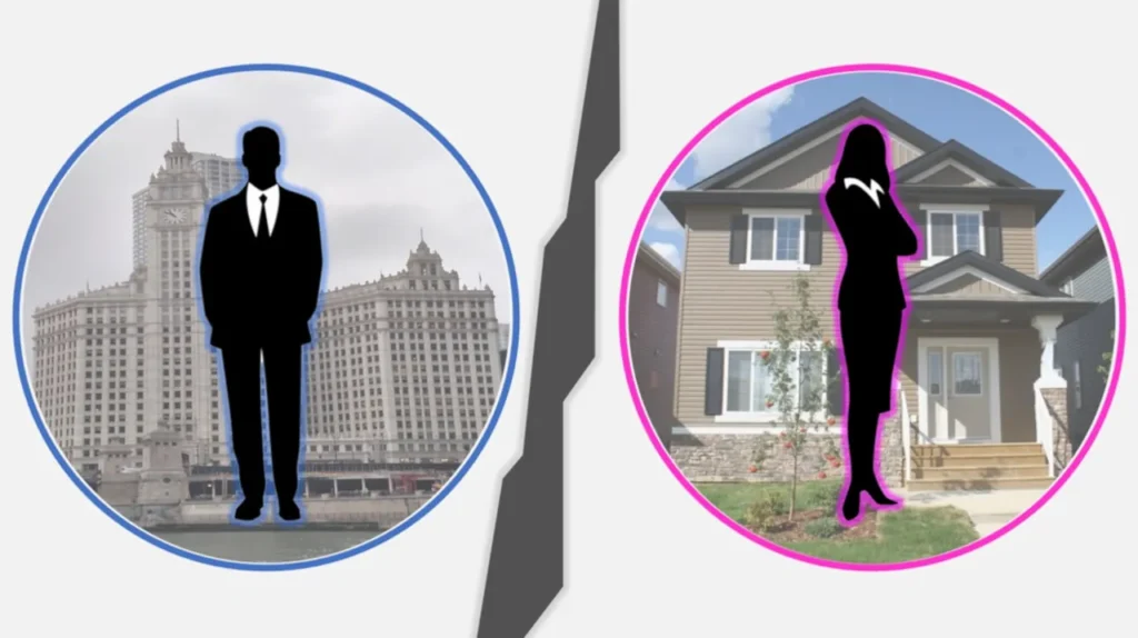 The concept of the Doctrine of Two Spheres.  On the left a man is standing in a circle with a blue outline and an office building in a background.  On the right is a woman standing in a circle with a pink outline and a house in the background.  The two spheres are separated by a chasm.