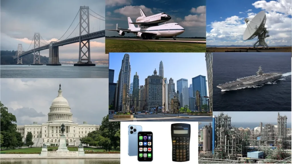 Collage of inventions, a bridge, space shuttle on top of a 747, vary large array antenna, the U.S. Capitol building, the cityscape scene, an aircraft carrier, an oil refinery, cell phone and calculator