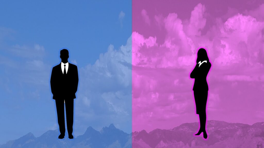 A man on the left half standing in front of a picture of a blue sky and a woman on the right half standing in front of a pink sky