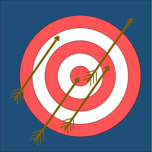 A target on a blue background.  There a several arrows, with one missing the target, two on the outer rings and one hitting the center.