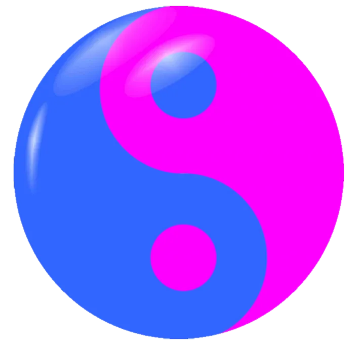 Yin and yang symbol where instead of black and white, the colors are pink and blue representing how men and women interact in harmony with each other.
