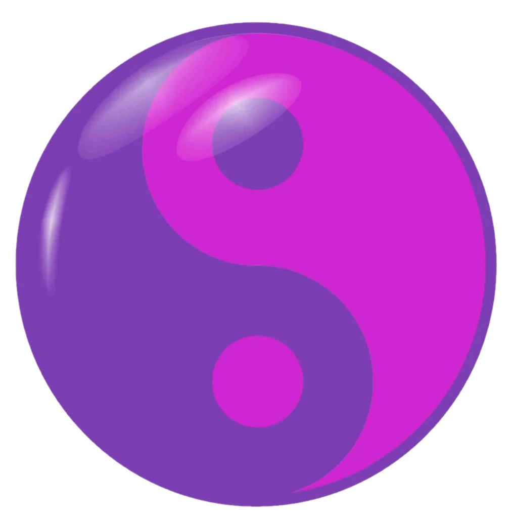 Yin and yang symbol where instead of black and white, the colors are two shades of purple representing how when men and women interact they change each other and find wholeness within themselves.