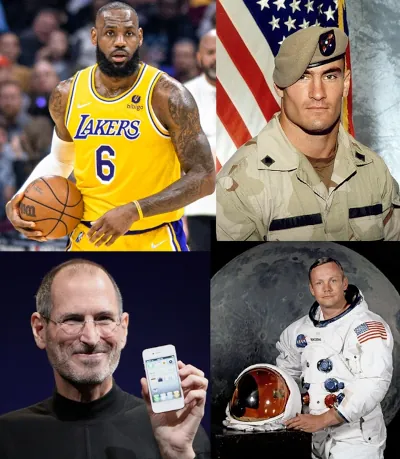 Collage of Le Bron James, Pat Tillman, Steve Jobs and Neil Armstrong