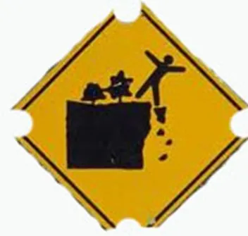 Hazard sign with person falling off a cliff