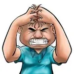 Cartoon picture of a frustrated man grabbing the hair on top of his head, closed eyes and gritting teeth.