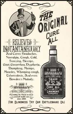 Old time advertisement a bottle cure all snake oil. Ad claims a long list of ailments the snake oil cures