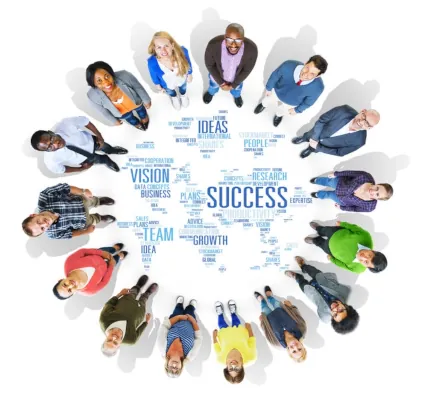 A diverse group of professionals gathers in a circle, embodying the spirit of collaboration and innovation. The words 'Success', 'Vision', and 'Growth' float around them, symbolizing their shared goals and aspirations in the dynamic world of business.