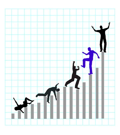 How people rise to the top is depicted as a graph of increasing columns from left to right with people on top of the columns.  The right most person stands victoriously at the top, the person to his right is kicking the next person down and the left two people are laying flat on their columns defeated